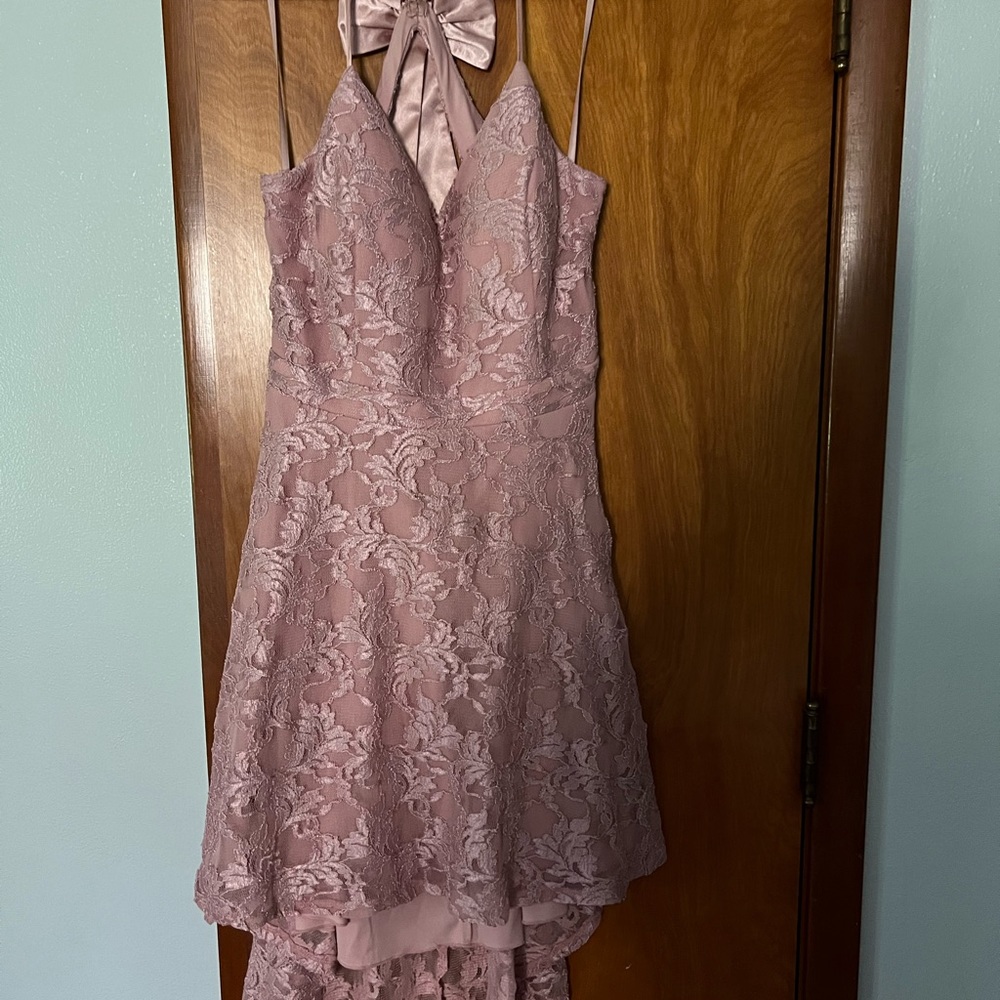 Spaghetti Strap Lace High Low Mini Dress with Bow